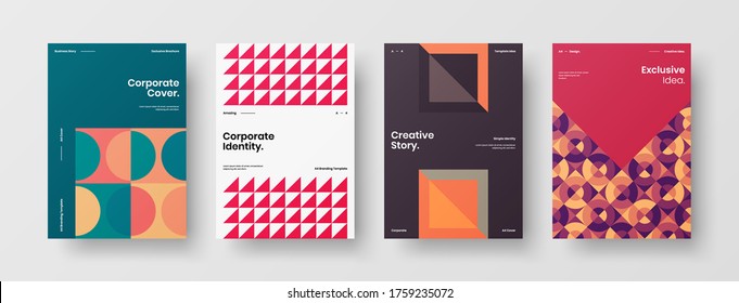 Company identity brochure template collection. Business presentation vector vertical orientation front page mock up set. Corporate report cover abstract geometric illustration design layout bundle.