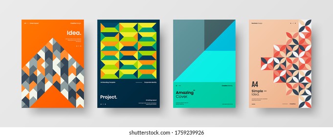 Company identity brochure template collection. Business presentation vector vertical orientation front page mock up set. Corporate report cover abstract geometric illustration design layout bundle.