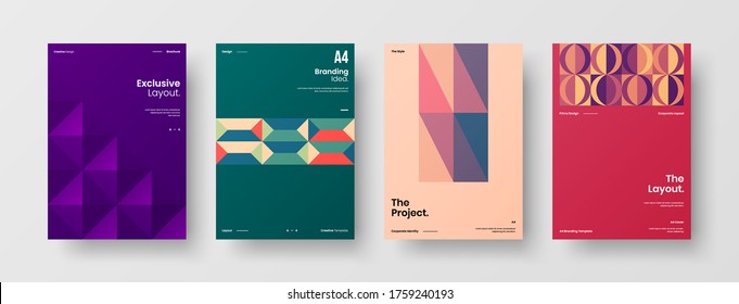 Company identity brochure template collection. Business presentation vector vertical orientation front page mock up set. Corporate report cover abstract geometric illustration design layout bundle.