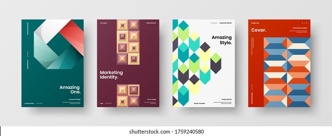 Company identity brochure template collection. Business presentation vector vertical orientation front page mock up set. Corporate report cover abstract geometric illustration design layout bundle.