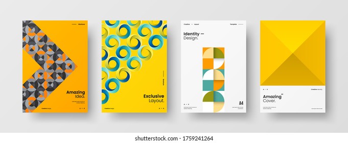 Company identity brochure template collection. Business presentation vector vertical orientation front page mock up set. Corporate report cover abstract geometric illustration design layout bundle.
