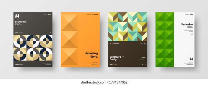 Company identity brochure template collection. Business presentation vector vertical orientation front page mock up set. Corporate report cover abstract geometric illustration design layout bundle.