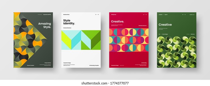 Company identity brochure template collection. Business presentation vector vertical orientation front page mock up set. Corporate report cover abstract geometric illustration design layout bundle.