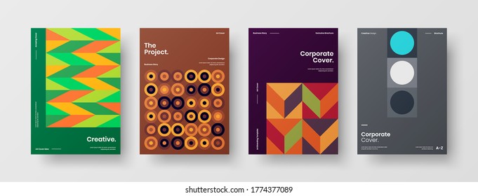 Company identity brochure template collection. Business presentation vector vertical orientation front page mock up set. Corporate report cover abstract geometric illustration design layout bundle.