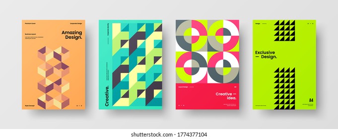 Company identity brochure template collection. Business presentation vector vertical orientation front page mock up set. Corporate report cover abstract geometric illustration design layout bundle.