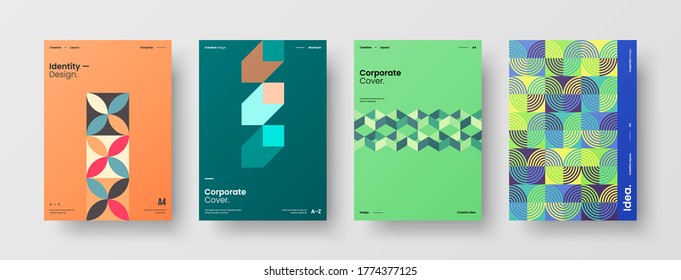 Company identity brochure template collection. Business presentation vector vertical orientation front page mock up set. Corporate report cover abstract geometric illustration design layout bundle.