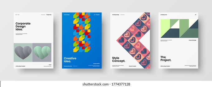Company identity brochure template collection. Business presentation vector vertical orientation front page mock up set. Corporate report cover abstract geometric illustration design layout bundle.