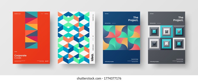 Company identity brochure template collection. Business presentation vector vertical orientation front page mock up set. Corporate report cover abstract geometric illustration design layout bundle.