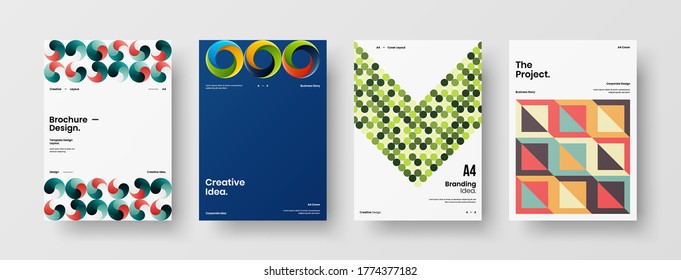 Company identity brochure template collection. Business presentation vector vertical orientation front page mock up set. Corporate report cover abstract geometric illustration design layout bundle.