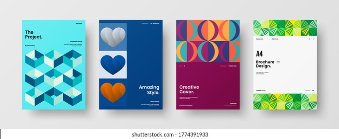 Company identity brochure template collection. Business presentation vector vertical orientation front page mock up set. Corporate report cover abstract geometric illustration design layout bundle.