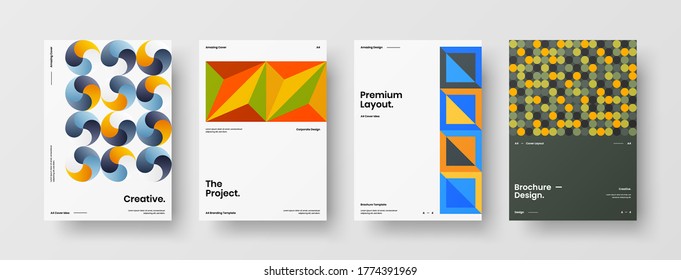 Company identity brochure template collection. Business presentation vector vertical orientation front page mock up set. Corporate report cover abstract geometric illustration design layout bundle.