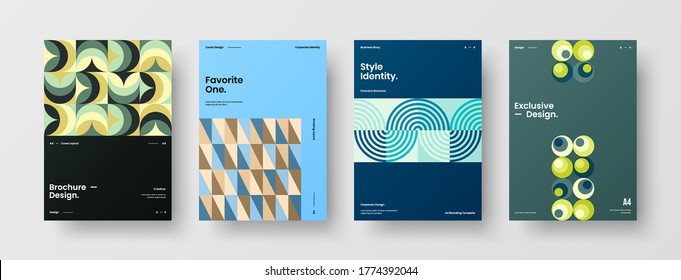 Company identity brochure template collection. Business presentation vector vertical orientation front page mock up set. Corporate report cover abstract geometric illustration design layout bundle.