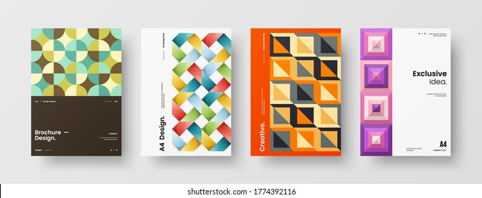 Company identity brochure template collection. Business presentation vector vertical orientation front page mock up set. Corporate report cover abstract geometric illustration design layout bundle.