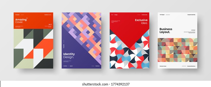 Company identity brochure template collection. Business presentation vector vertical orientation front page mock up set. Corporate report cover abstract geometric illustration design layout bundle.