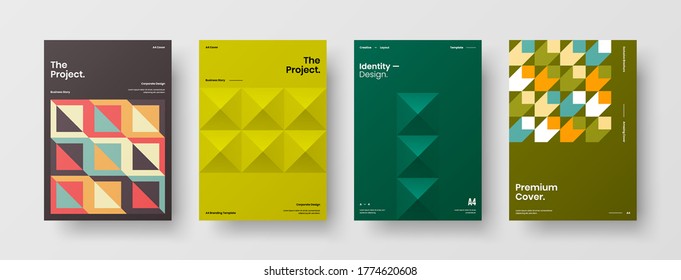 Company identity brochure template collection. Business presentation vector vertical orientation front page mock up set. Corporate report cover abstract geometric illustration design layout bundle.