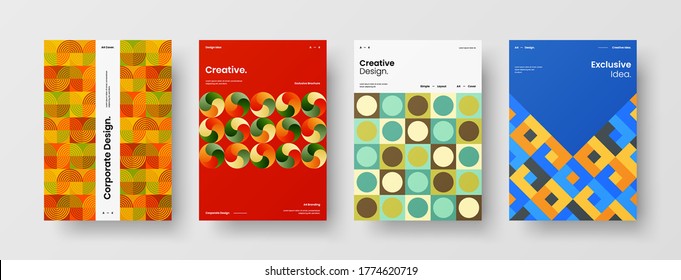 Company identity brochure template collection. Business presentation vector vertical orientation front page mock up set. Corporate report cover abstract geometric illustration design layout bundle.