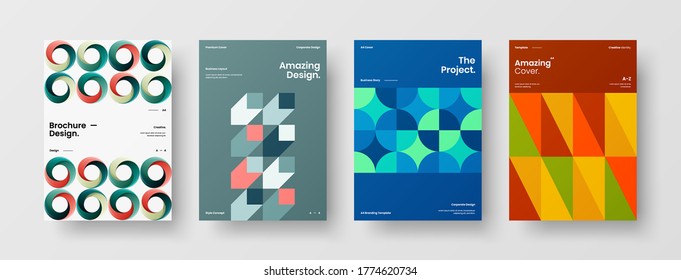 Company identity brochure template collection. Business presentation vector vertical orientation front page mock up set. Corporate report cover abstract geometric illustration design layout bundle.