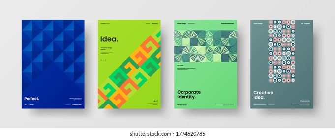 Company identity brochure template collection. Business presentation vector vertical orientation front page mock up set. Corporate report cover abstract geometric illustration design layout bundle.