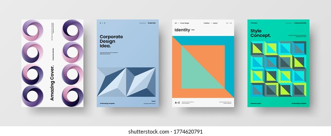 Company identity brochure template collection. Business presentation vector vertical orientation front page mock up set. Corporate report cover abstract geometric illustration design layout bundle.