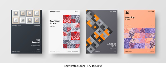 Company identity brochure template collection. Business presentation vector vertical orientation front page mock up set. Corporate report cover abstract geometric illustration design layout bundle.