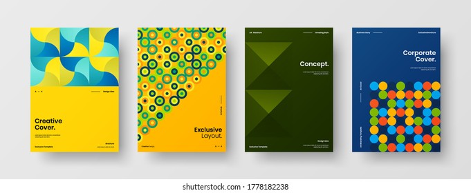 Company identity brochure template collection. Business presentation vector vertical orientation front page mock up set. Corporate report cover abstract geometric illustration design layout bundle.