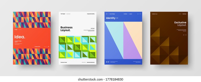 Company identity brochure template collection. Business presentation vector vertical orientation front page mock up set. Corporate report cover abstract geometric illustration design layout bundle.