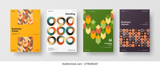 Company identity brochure template collection. Business presentation vector vertical orientation front page mock up set. Corporate report cover abstract geometric illustration design layout bundle.