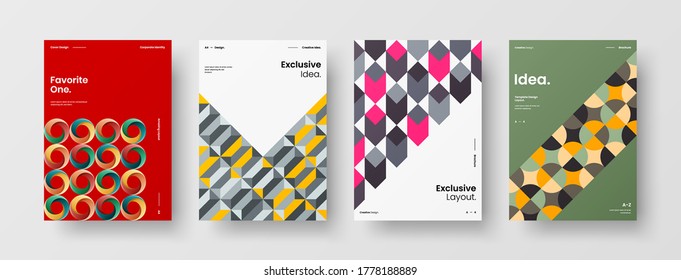 Company identity brochure template collection. Business presentation vector vertical orientation front page mock up set. Corporate report cover abstract geometric illustration design layout bundle.