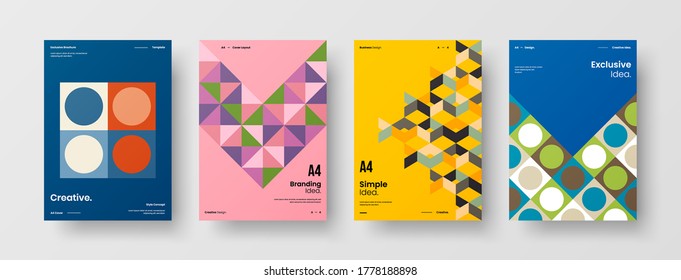 Company identity brochure template collection. Business presentation vector vertical orientation front page mock up set. Corporate report cover abstract geometric illustration design layout bundle.