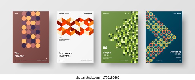 Company identity brochure template collection. Business presentation vector vertical orientation front page mock up set. Corporate report cover abstract geometric illustration design layout bundle.