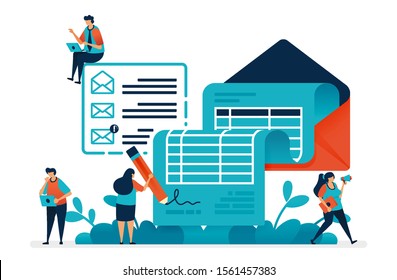 Company income statements and monthly billing, financial cooperation agreements document email, government budget plans, purchasing planning report. Illustration of website, banner, software, poster