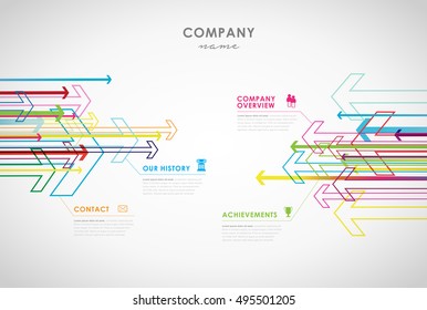 Company info graphic overview design template with arrows and icons - light version.