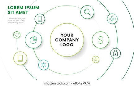 Company infographic overview design template with icons. Circle design. Vector illustration.