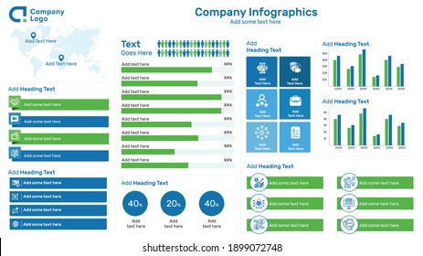 Company Infographics template showing map with markers, bar chart. Can be used for diagram, presentation, banner, number options, workflow layout, step up options or web design. Vector Illustration 