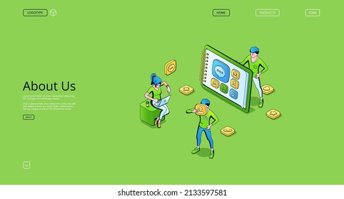 Company information, about us isometric landing page, contact us, get directions business concept with tiny characters at huge tablet with website media menu icons, 3d vector Line art web banner