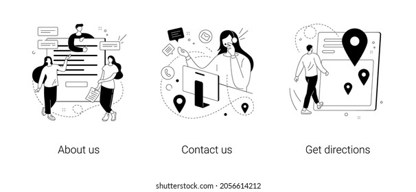 Company information abstract concept vector illustration set. About us, contact us, get directions, website menu, starting web page, business profile, office information, navigation abstract metaphor.