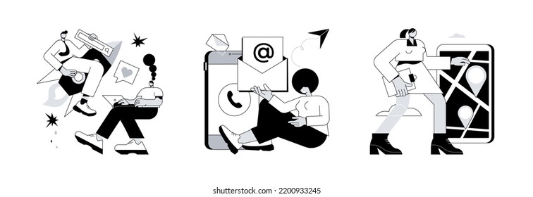 Company information abstract concept vector illustration set. About us, contact us, get directions, website menu, starting web page, business profile, office information, navigation abstract metaphor.