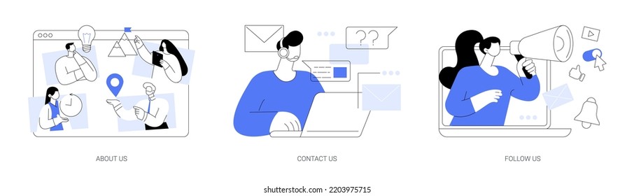 Company information abstract concept vector illustration set. About us, contact and follow on social media, subscribe for newsletter, get connected, starting web page, business abstract metaphor.