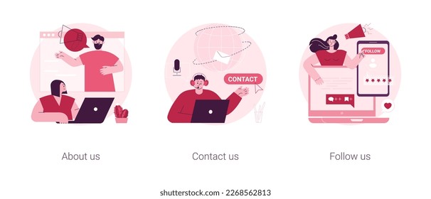 Company information abstract concept vector illustration set. About us, contact and follow on social media, subscribe for newsletter, get connected, starting web page, business abstract metaphor.