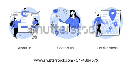 Company information abstract concept vector illustration set. About us, contact us, get directions, website menu, starting web page, business profile, office information, navigation abstract metaphor.