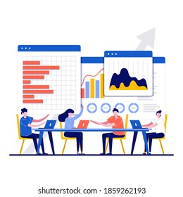 Company information analytics concept with character. Workers are sitting at the negotiating table, collective thinking and brainstorming. Teamwork meeting, conversation.