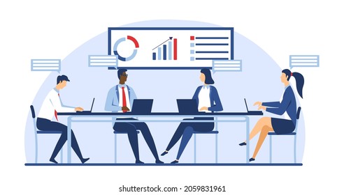 Company information analytics. Employees sitting atmeeting, analytical department, graphs, diagrams. Financial growth of company. Cartoon flat vector illustration isolated on white background