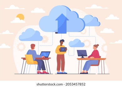 Company infrastructure concept. People work together, cloud file storage, office personal server. Modern technology, communication. Cartoon flat vector illustration isolated on white background