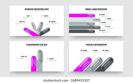 Company Innovation Four Five Two Three Option Diagram Slideshow Design Vector Illustration Collection. Digital Review 4 5 2 3 Step Infographic Slide Template Set.