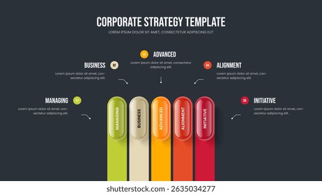 Company Innovation Slideshow Layout Vector Illustration. Professional Forecast 5 Step Diagram Presentation Template. Financial Introduction Five Element Infographic Frame Design.