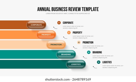 Modelo de apresentação de slides do diagrama de elementos do Company Insight 5. Proposta de vendas Design de slides infográficos em cinco etapas. Ilustração do vetor do layout do quadro do plano corporativo.