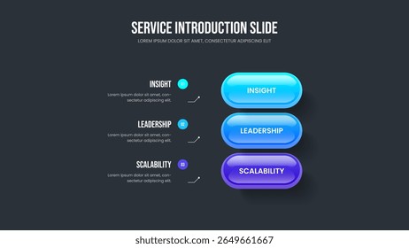 Company Insight Slideshow Design Vector Illustration. Advertising Visualization Three Step Diagram Slide Template. Modern Development 3 Element Infographic Presentation Layout.