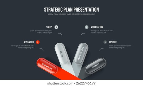 Company Insight Slideshow Template Vector Illustration. Advertising Innovation 4 Element Diagram Frame Layout. Market Introduction Four Step Infographic Presentation Design.