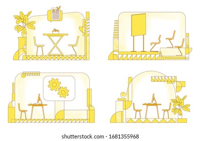 Company interior flat silhouette vector illustrations set. Coworking space contour composition on yellow background. Cafeteria, conference room, and business offices simple style drawings pack