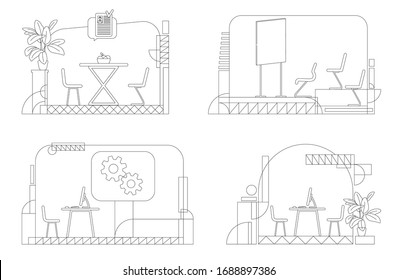 Company interior outline vector illustrations set. Empty corporate rooms contour composition on white background. Lounge zone, briefing room, and business offices simple style drawings pack